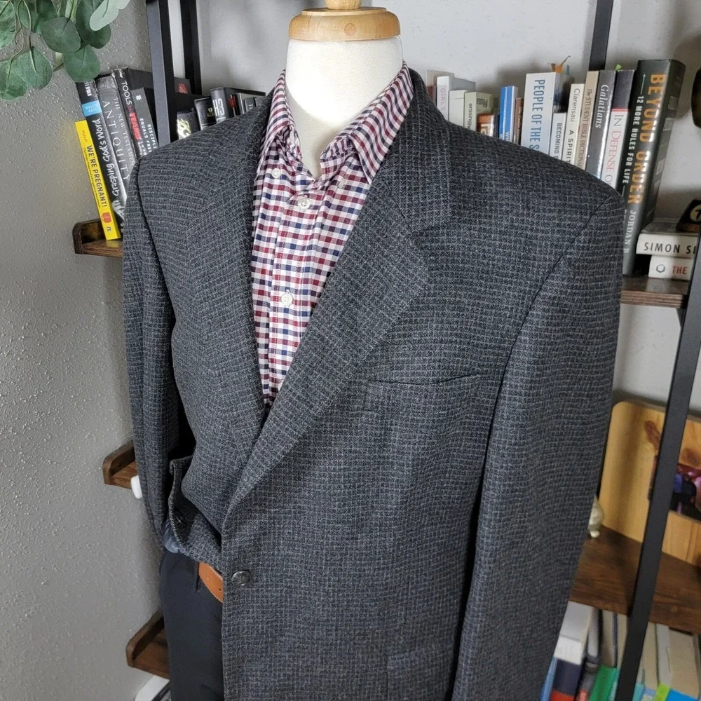 VTG John Weitz Signature Collection‎ Men's Tweed Sport Coat Charcoal Checked 46R